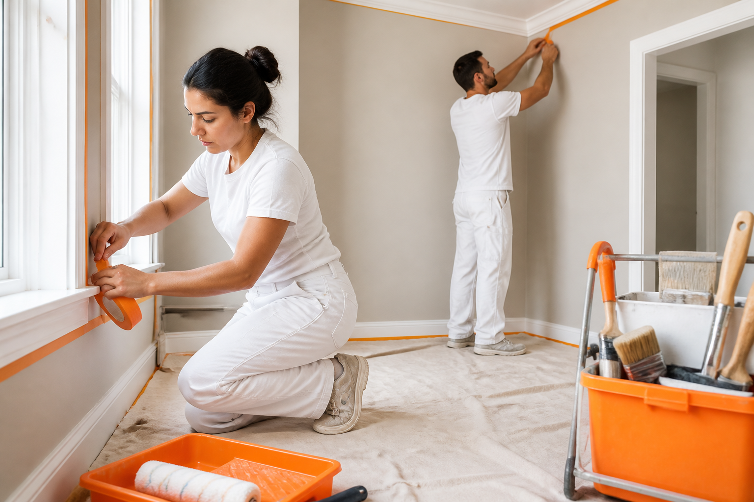 Skilled crew working professionally and tidily on an interior repaint