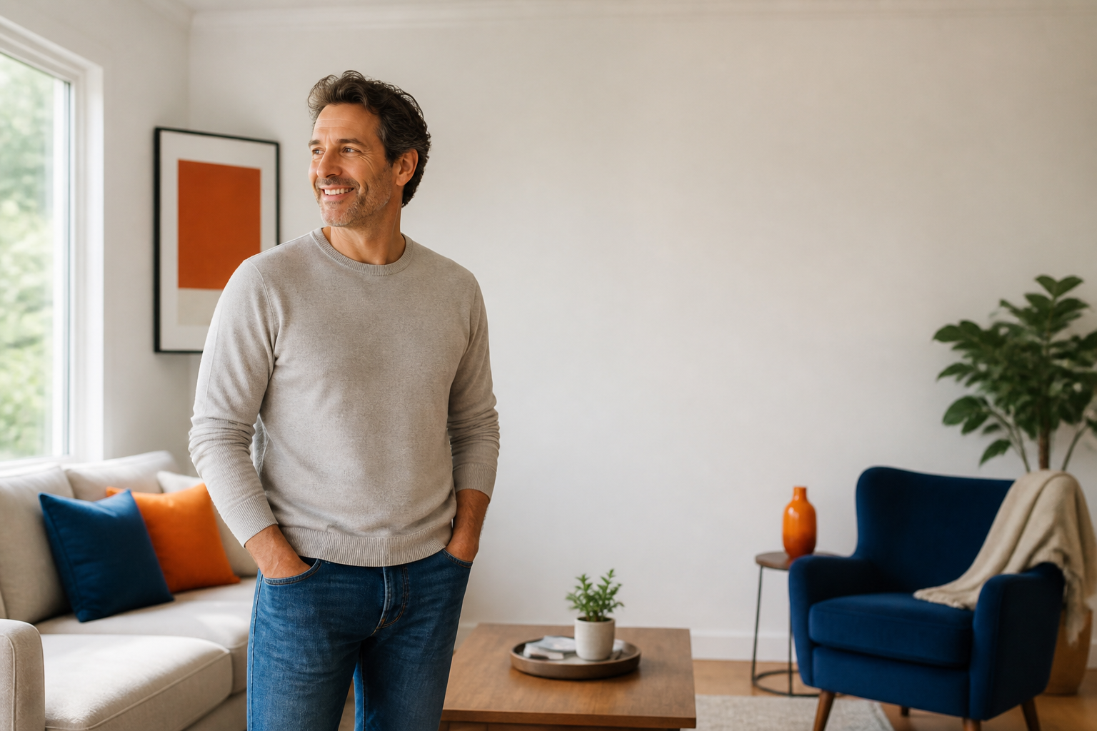 A happy homeowner in their freshly painted, finished space