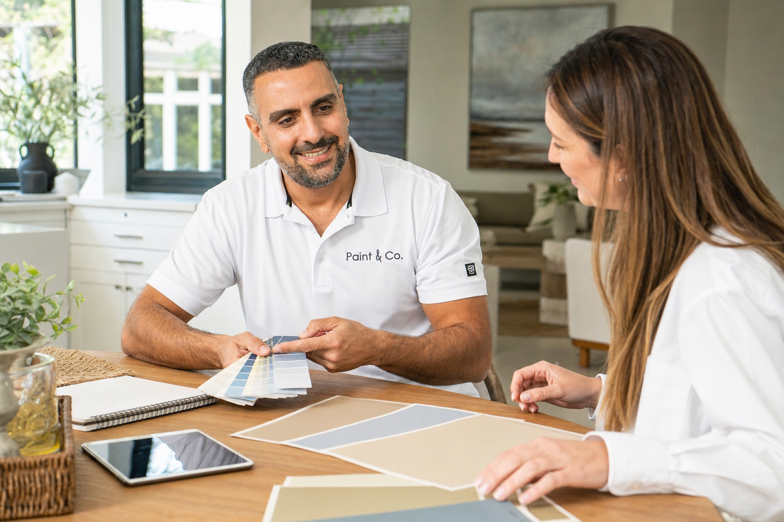 Paint & Co. consultant reviewing color swatches with a homeowner